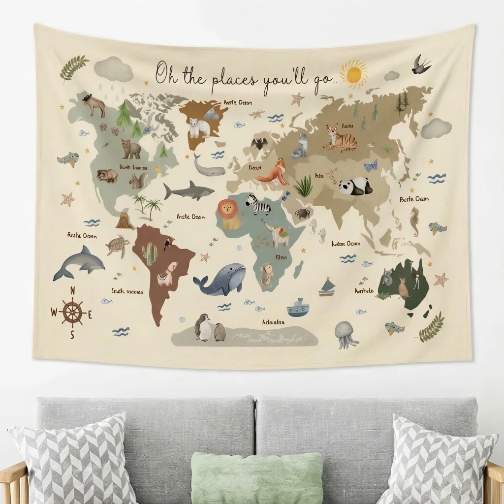 1 Stück Weltkarte mit niedlichen Tieren, lehrreiche Wandteppiche, 1 Stück Wandbehang mit Flaggenmotiv für Zimmer, ideal zum Lernen und als Raumdekoration