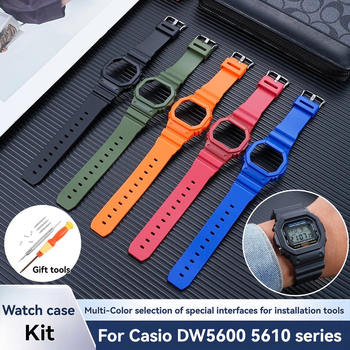 Rubber Strap + Protective Bezel Case for Casio G-Shock DW-5600/GW-M5610/GW-B5600 | Men's Watch Band  | Shock Resistant Bracelet