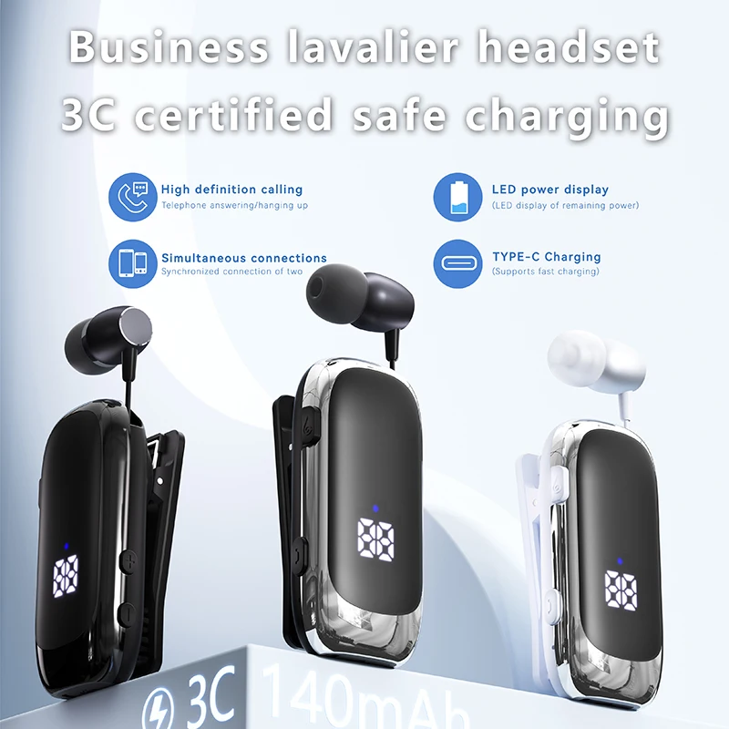 K88 Lavalier Business Bluetooth 5.4 Headphone Talk/Music Time 20 Hours, LED Digital Display,Noice Cancelling Wireless Earphones