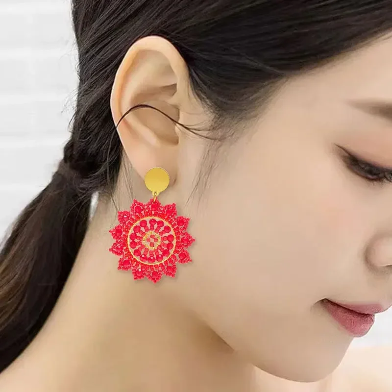 ZGMXR Sunflower Red Rice Bead Earrings Bohemia Crystal Fashion Hand Knitting Alloy Simple Beaded Earring Versatile Design