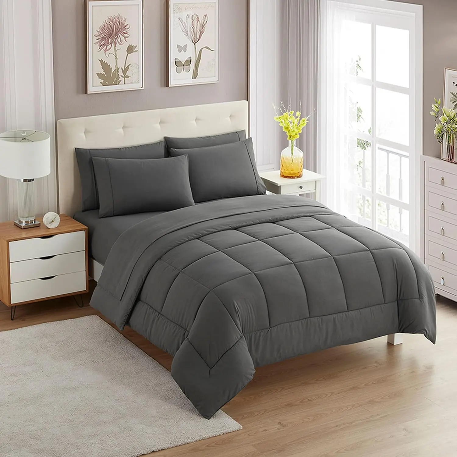 

5 Piece Comforter Set Bag Solid Color All Season Soft Down Alternative Blanket & Luxurious Microfiber Bed Sheets, Gray, Twin