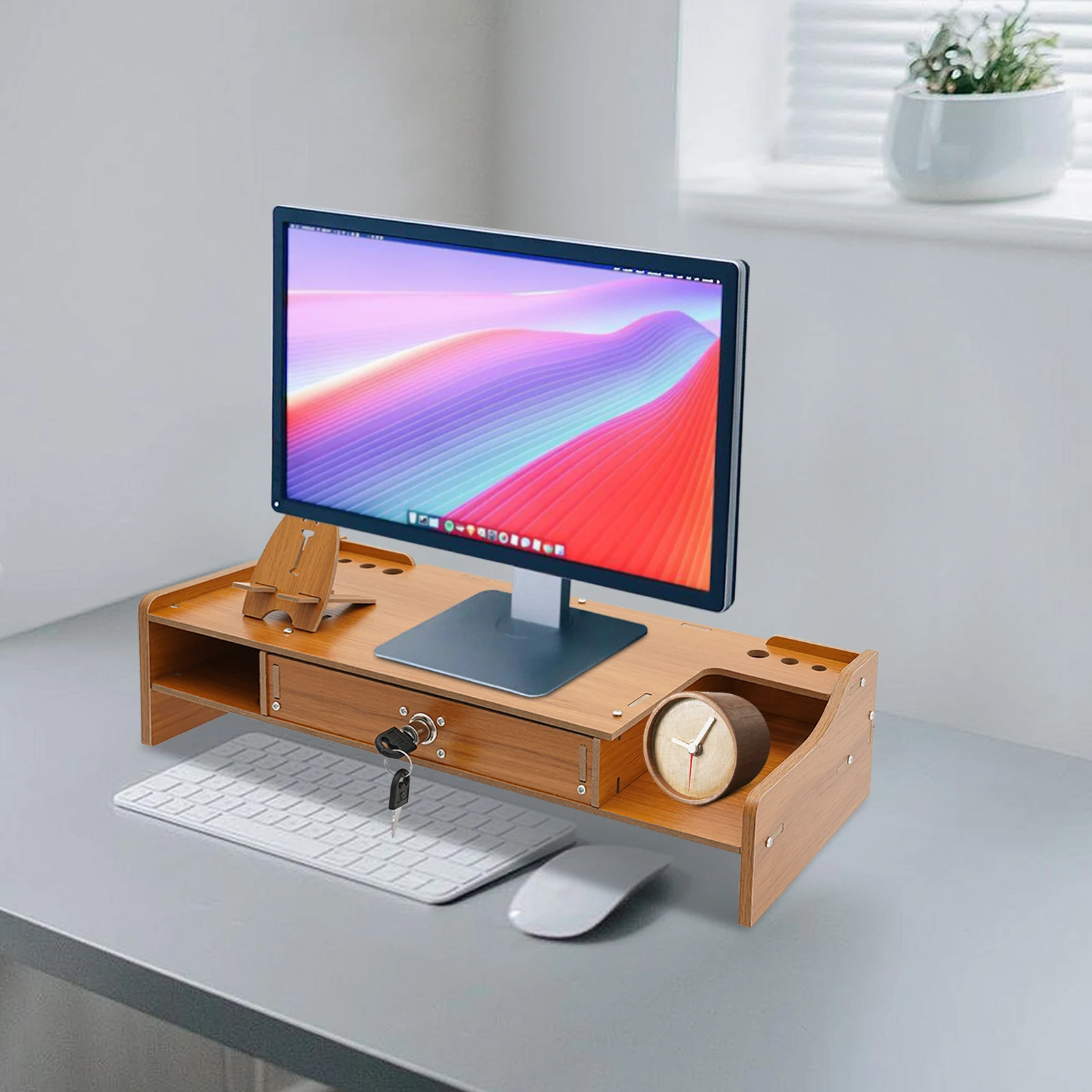 Tabletop Computer Monitor Screen Booster Computer Monitor Stand Computer Rack with Lockable Drawer Monitor Stand