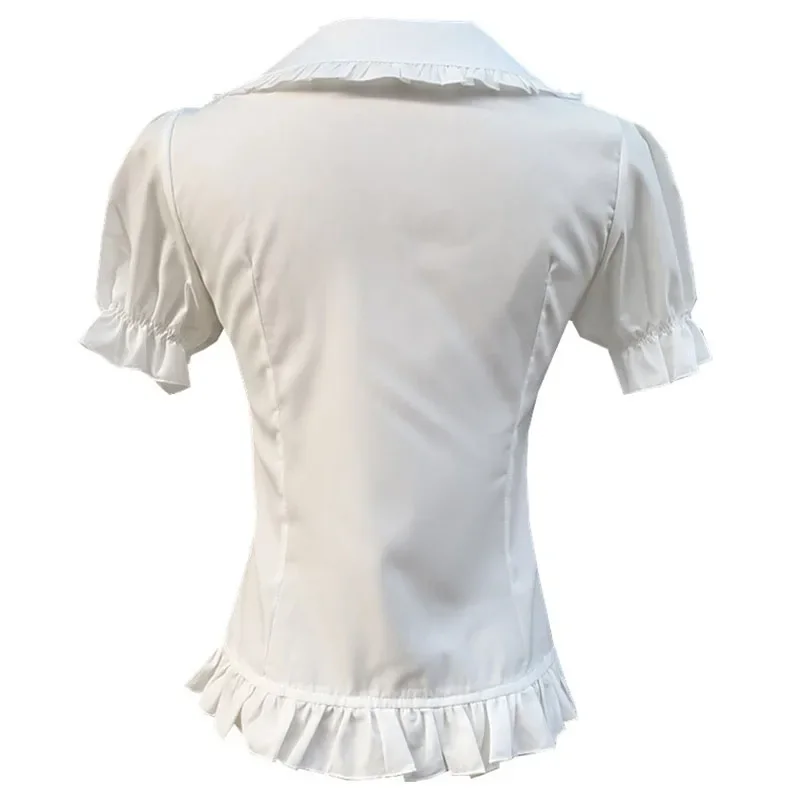 Pleated Lace Blouse Short Sleeves Lolita Tops Folded Button Up For Women Slim Fitted Under Shirt Doll Collar For Girls