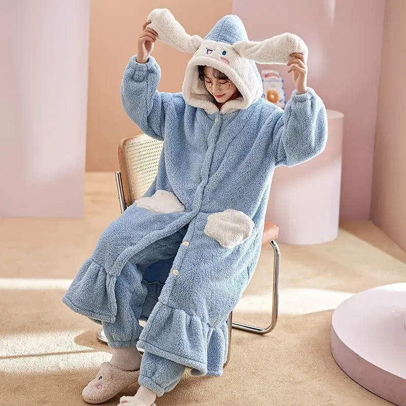 Kawaii Coral Velvet Hooded Pajamas Pajamas Girls\' Thickened Long Tops Pajamas Flannel Student Casual Home Wear Suits Nightgown