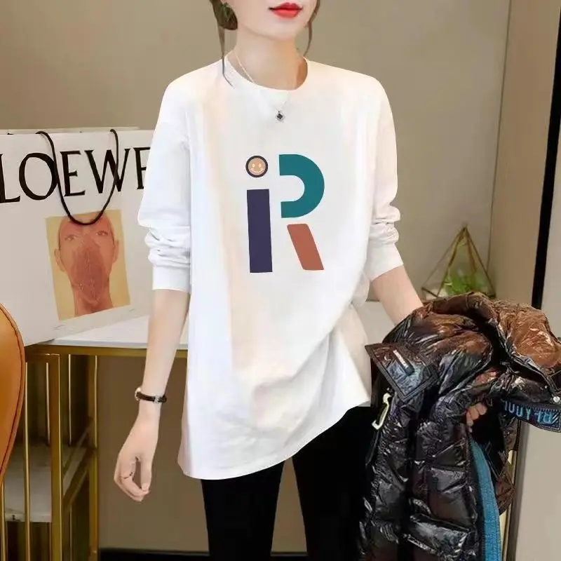 Autumn Chic Letter R Print T-shirt Women Clothing Casual Loose Pure Cotton Long Sleeve Top Tee Office Lady Oversize Top 35-100Kg