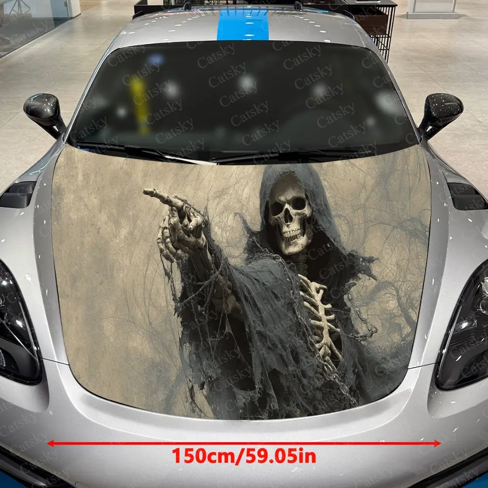 Horror Realistic Chain Grim Reaper Car Vinyl Wrap, PVC Waterproof Car Hood Sticker, Self-Adhesive Scratch-Resistant Stickers