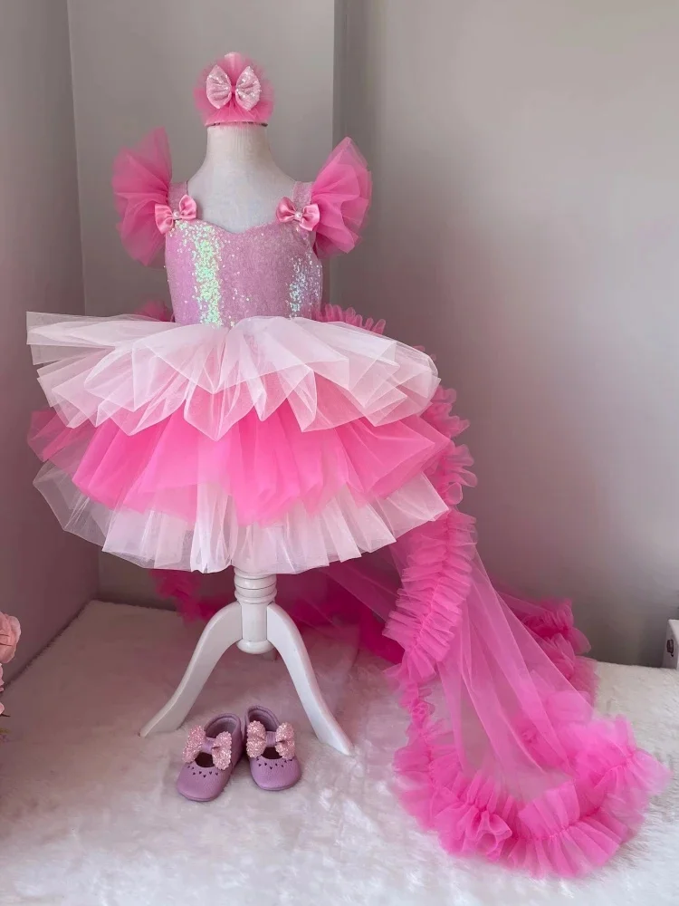 Robe de princesse à fleurs pour filles, tulle gonflé, rose, blanc, paillettes, nœud à plusieurs niveaux avec queue, mariage, fête d'anniversaire, robe de Rh