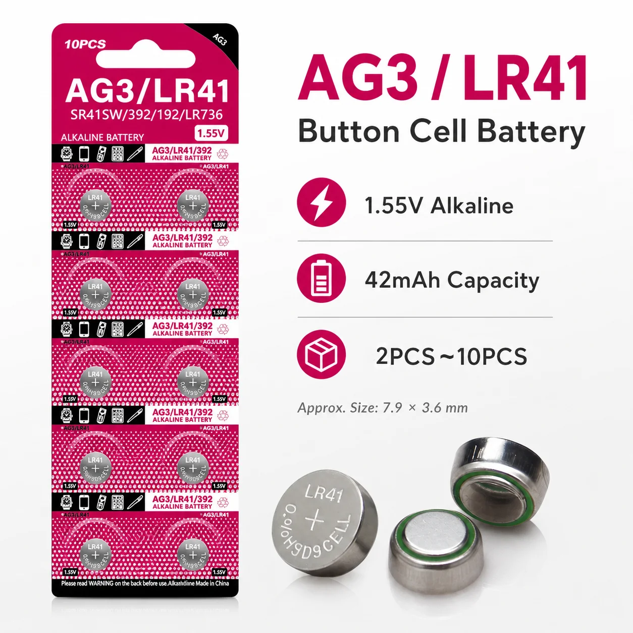 1.55V AG3 Coin Battery LR41 SR41 192 L736 384 392 CX41 SR41SW Lithium Button Cell for Watch Finger Light Small Electronics