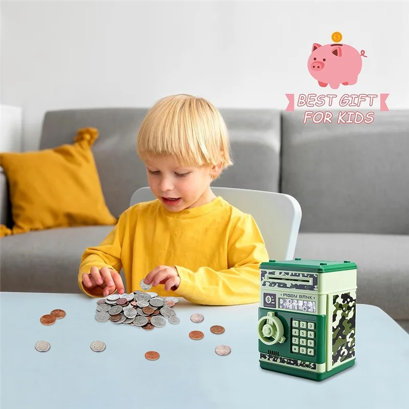Cofrinho atm para meninos e meninas, caixa de poupança de dinheiro com senha, para adultos com slot para conta automática verde durável-b