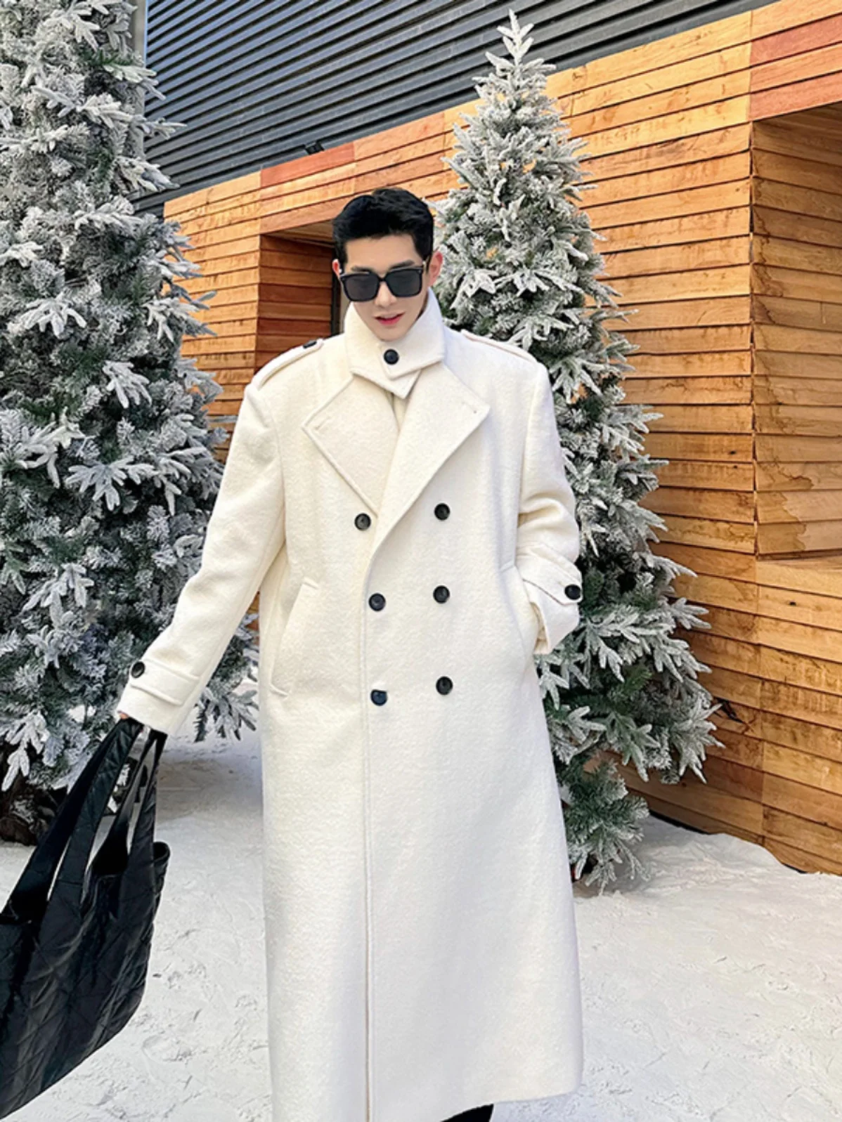 

Korean Sle Autumn Winter Thiened Double Breasted Woolen Coat Men's over Knee Trendy Versatile Long Coat Outerwear