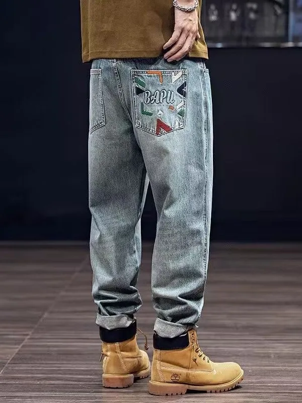 

Джинсы с вышивкой в американском стиле в стиле ретро, мужские узкие прямые брюки с конусом, весенне-осенние повседневные длинные брюки, молодежная мода
