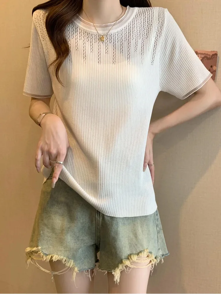 Sexy Hollow Knit Sweater Women T-shirt Pullovers Casual Fashion Stylish Chic Ladies Tees Tops Short Sleeve O-neck Jumpers