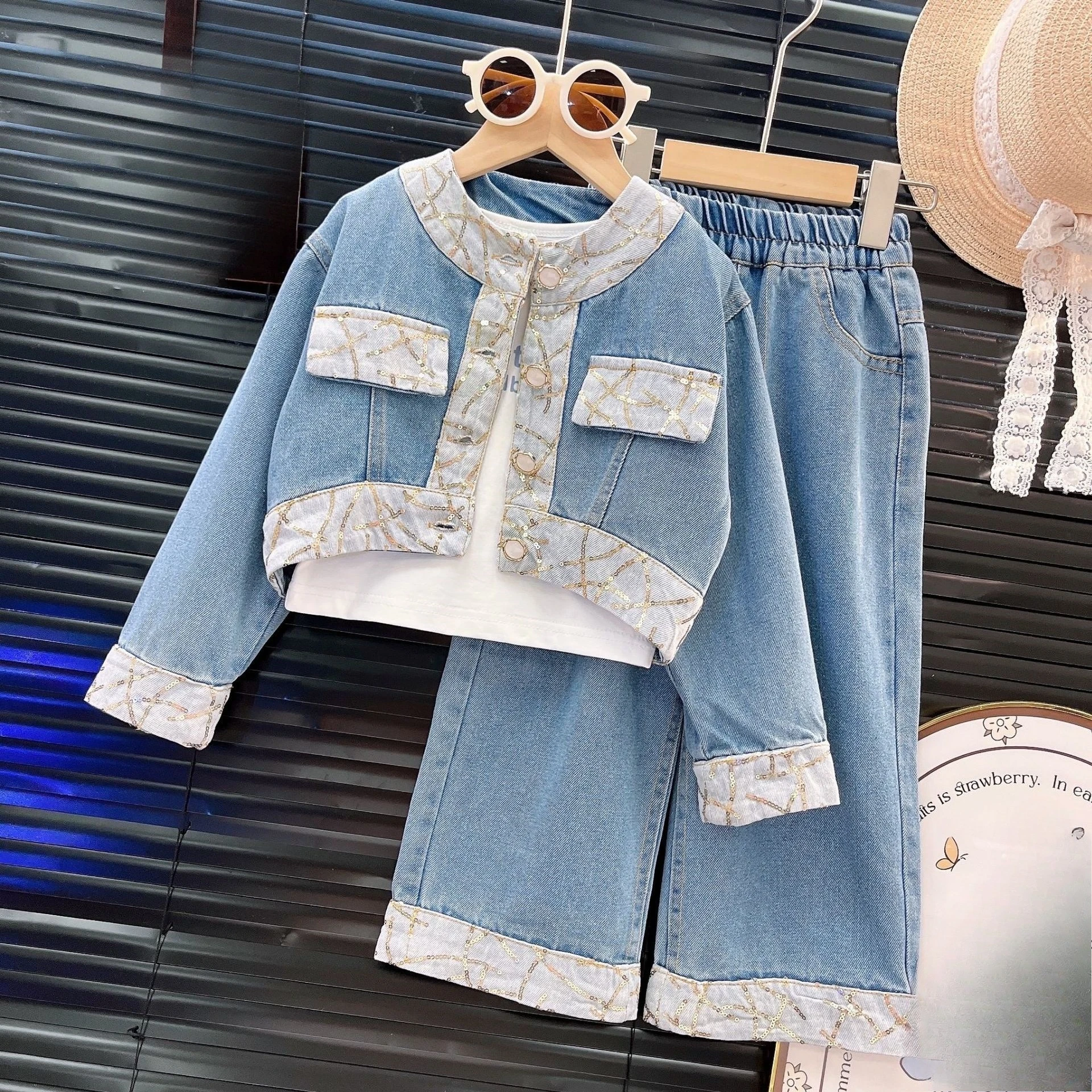 

Girls 2 Piece Set 2025 Spring Autumn New Korean Solid Cute Fashionable Simple Leisure Cowboy Set