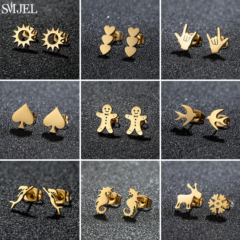 Classic Stainless Steel Earrings Women Fashion Poker Spade Heart Earings Small Mermaid Gingerbread Man Ear Studs New Year Gift