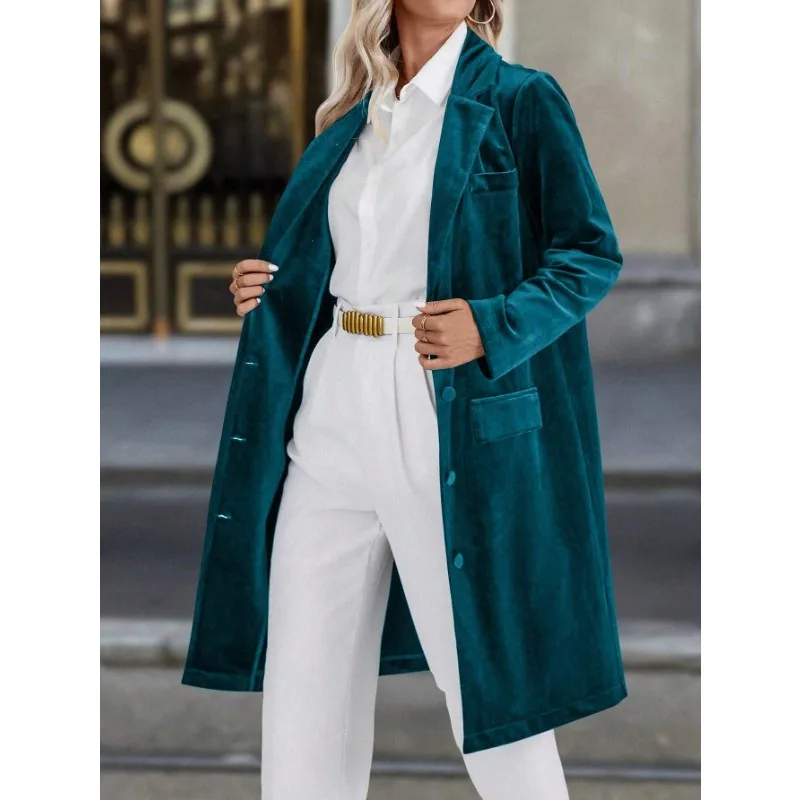Luxury Vintage Velvet Trench Coat New Loose Turn-Up Collar Long Sleeves Casual Single-Breasted Long Blazer Coat Women's Jacket - view 5