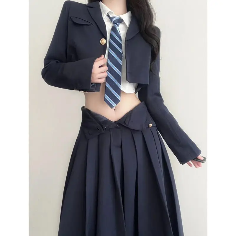 MAGOGO Sweet Cool Hot Girl College Style JK Dress Set Women Autumn Winter Short Jacket Shirt with High Waist Slim Pleated Dress