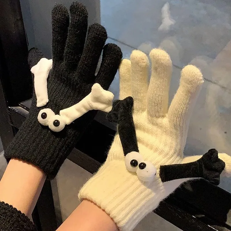 Schattige Creatieve Cartoon Hand In Hand Handschoenen Magneet Gebreide Holding Paar Elastische Slip-On Grappig Groot Oog Volle Vinger Winter Wanten