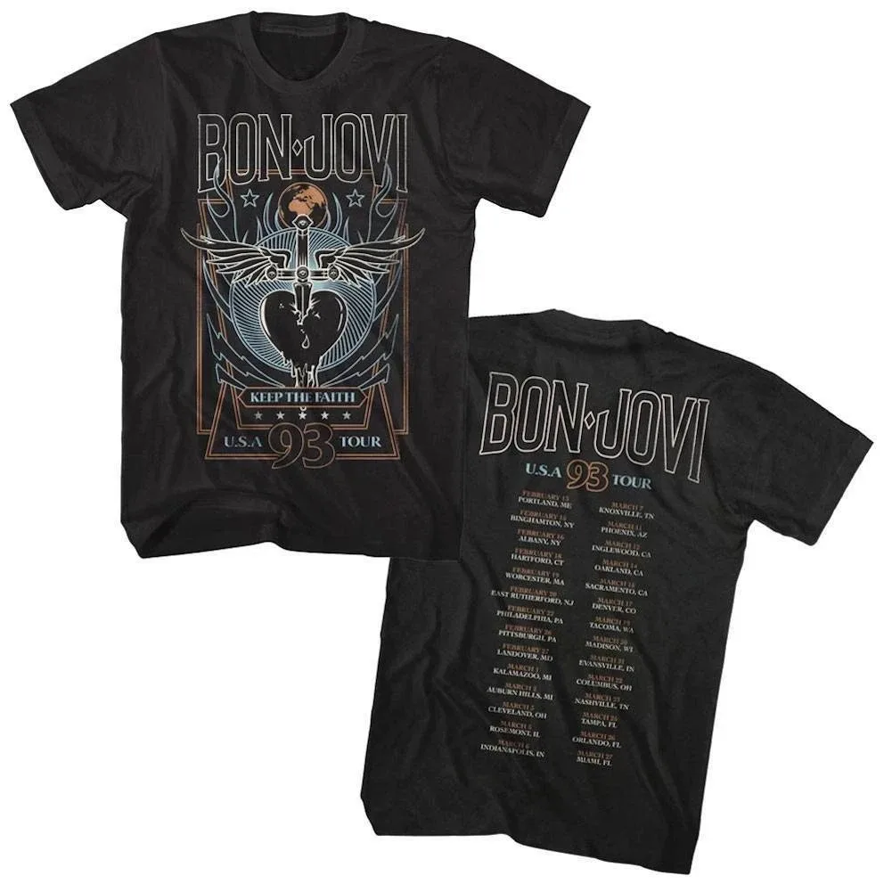Bon Jovi Keep The Faith USA Tour 1993 Camisa masculina Rock Band Álbum Concerto Merch High-end Luxo é para homens e mulheres Top