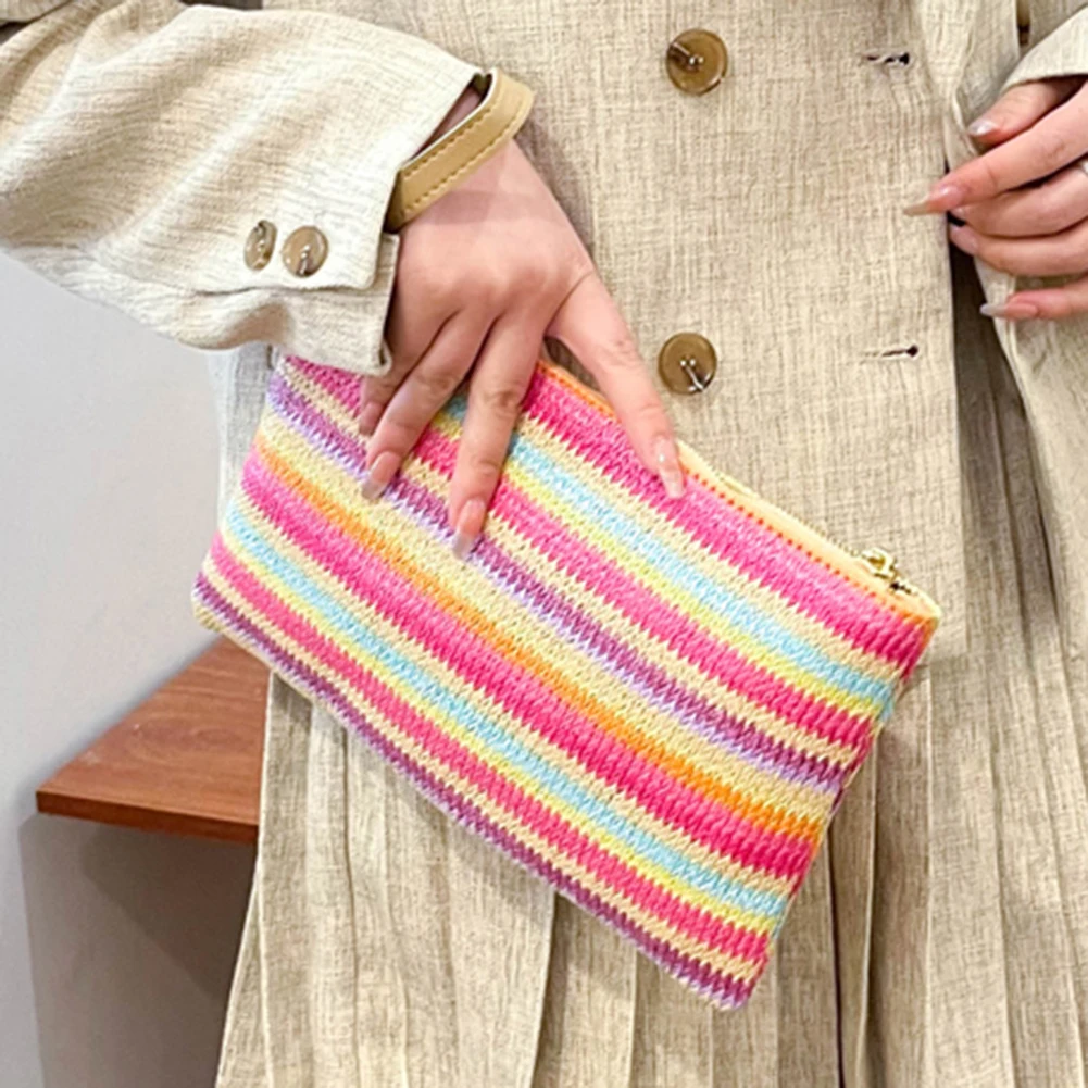 Woven Clutch Bag Colourful Money Beach Long Bag Handmade Vintage Casual Portable Elegant Simple Exquisite for Weekend Vacation