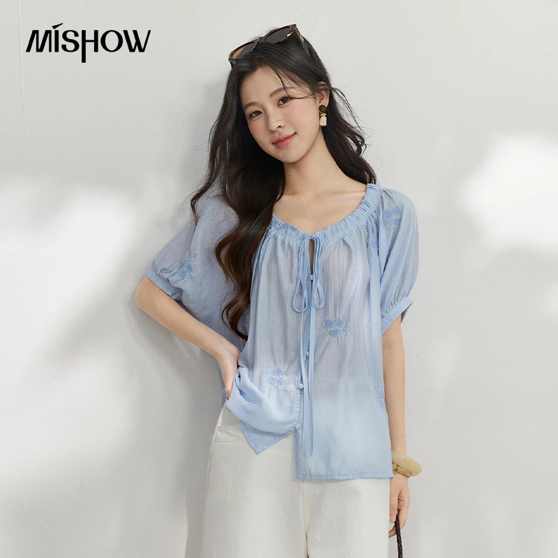 MISHOW Blue Embroidered Lace Up Shirt For Women New Summer 2026 Loose Romantic French Retro Gentle Lightweight Top MXF25X2663