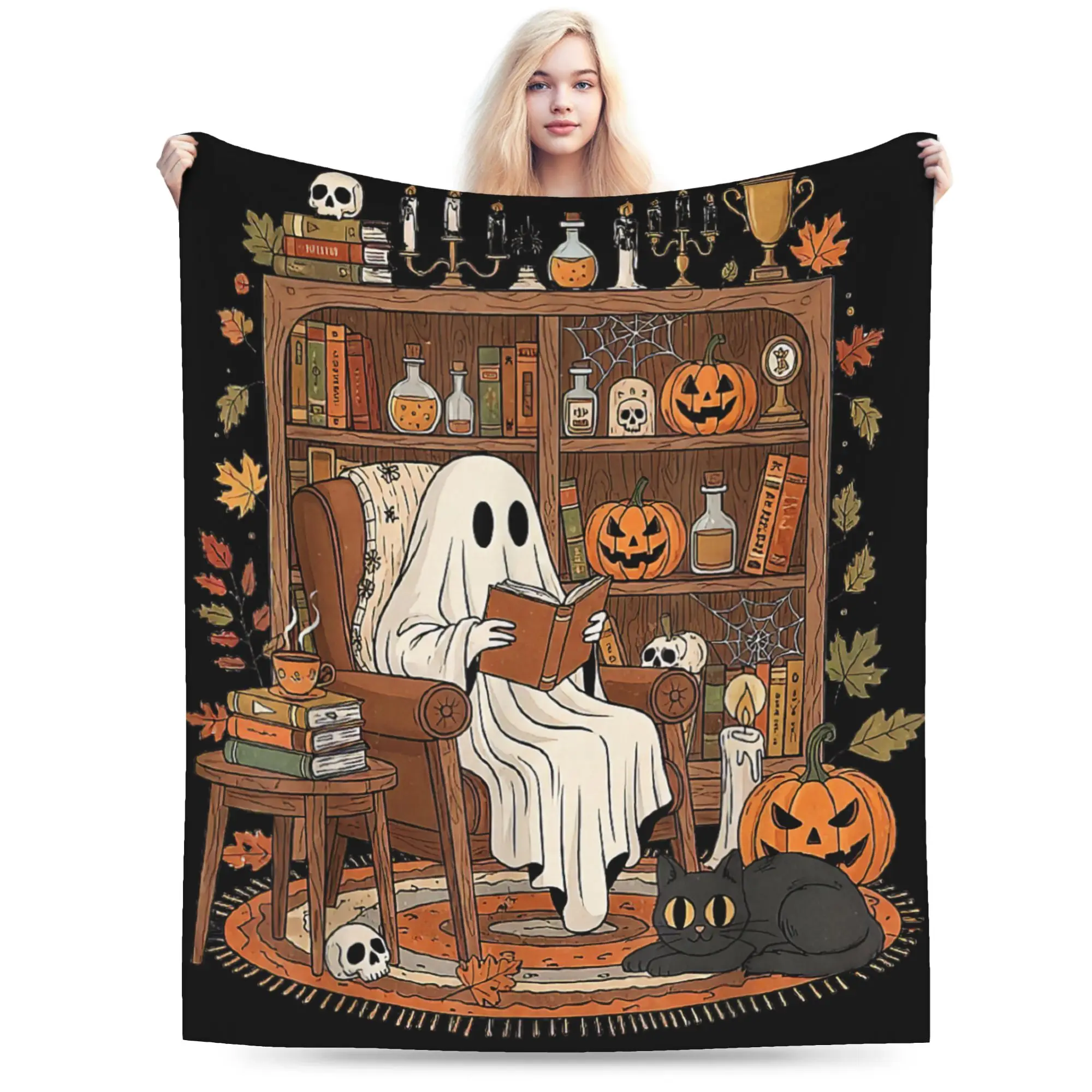 Retro Cozy Ghost Reading Bookish Librarian Halloween Blanket Flannel Throw Blanket For Couch Chair Soft Warm Quality Bedspread