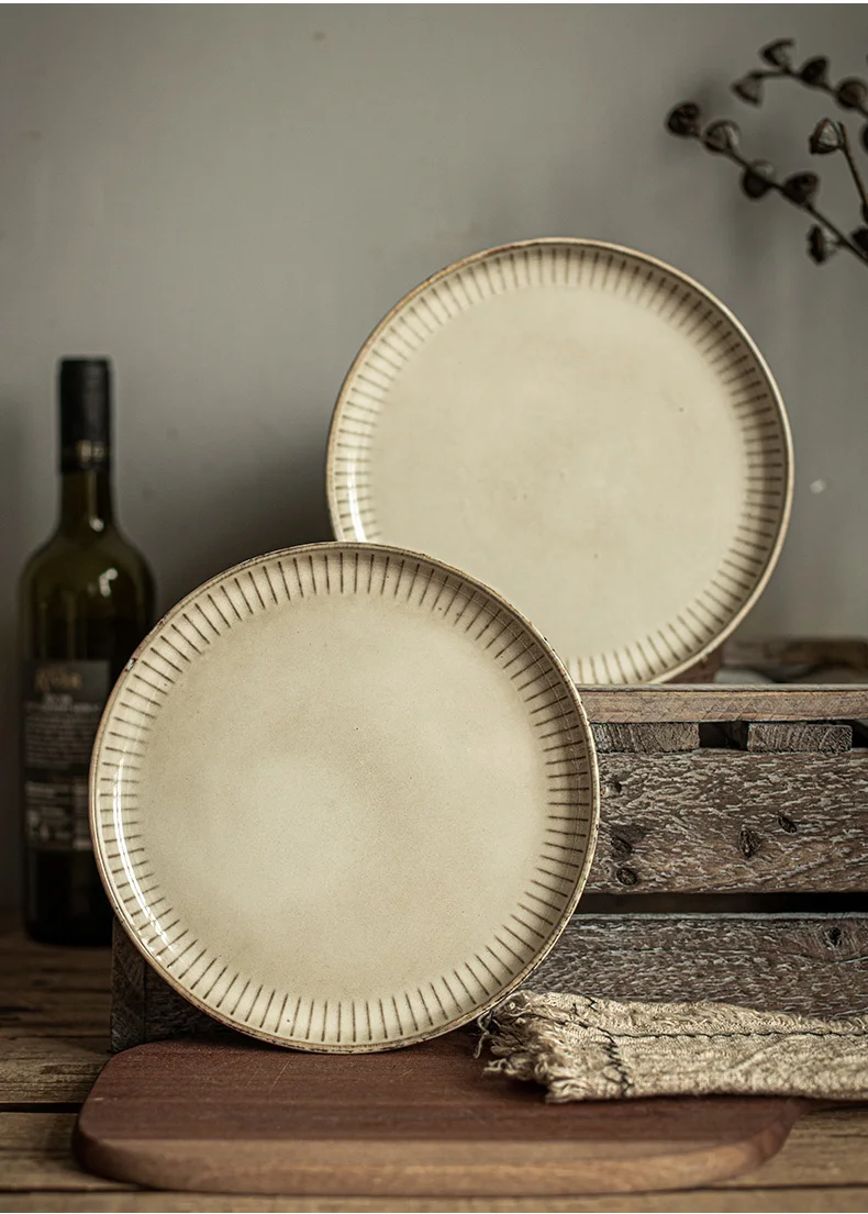 [Eryi Series Retro Relief Plate] Household Ceramic Dish Homestay Restaurant Western Food Steak Plate Slightly Concealer