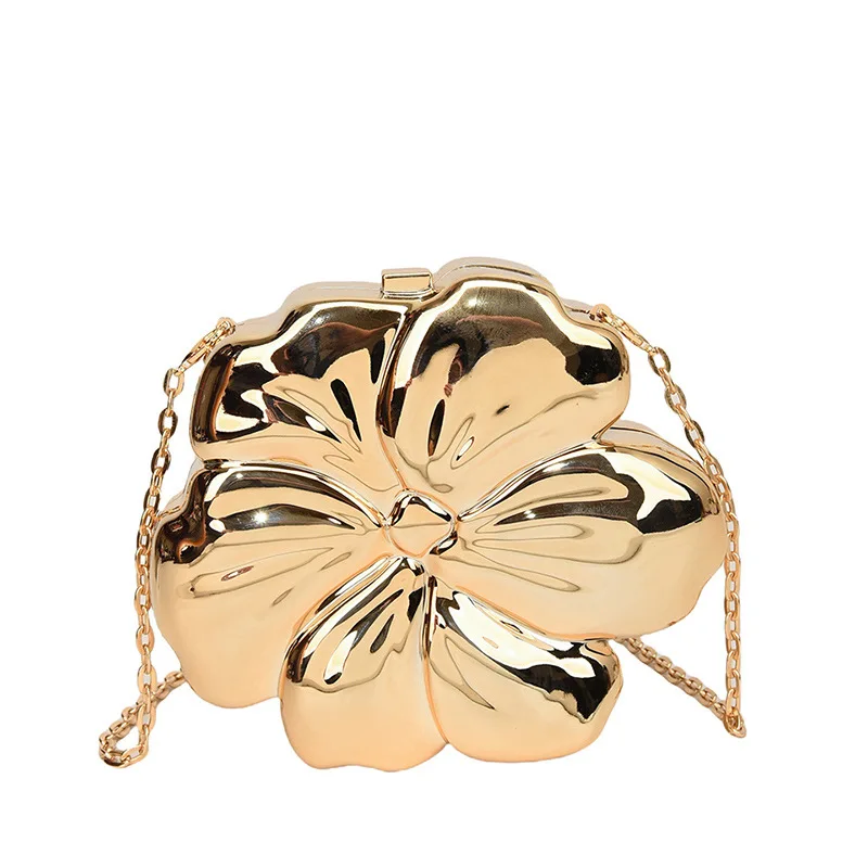 Fashion Metal Flower Shaped Crossbody Bag for Women Gold Box Shoulder Bags Shinny Evening Party Clutch Bag Small Phone Purses