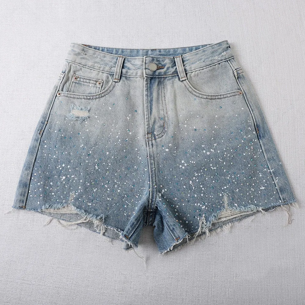 

Джинсовые шорты с камнями, с высокой талией, широкие, женские, модные, повседневные, джинсовые шорты-хотпэнты