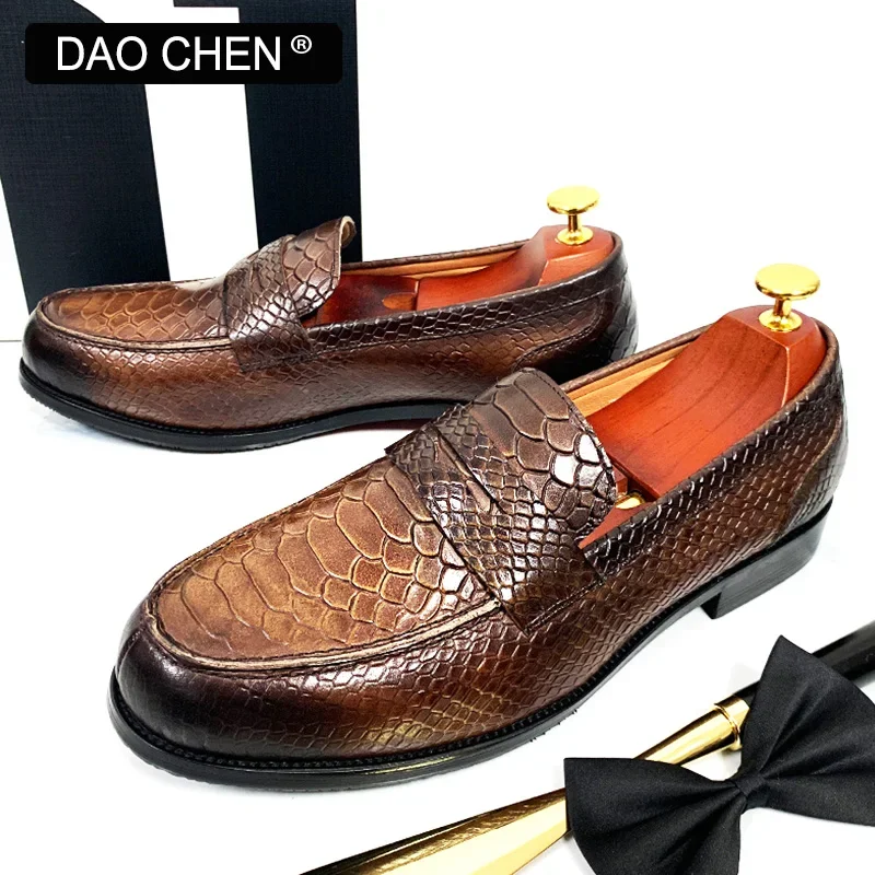 LUXURY MEN LEATHER SHOES BLACK COFFEE SLIP ON SNAKE PRINT DRESS MEN\'S CASUAL SHOES WEDDING OFFICE BANQUET Loafers Shoes For Men