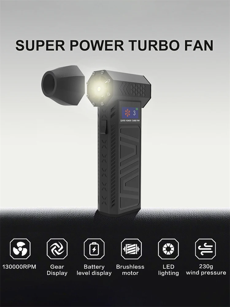 Mini Turbo Jet Fan High Speed Brushless Turbo Jet Fan 3 Speeds Violent Mode 52M/S/40M/S Max Wind Speed Type-C Fast Charging