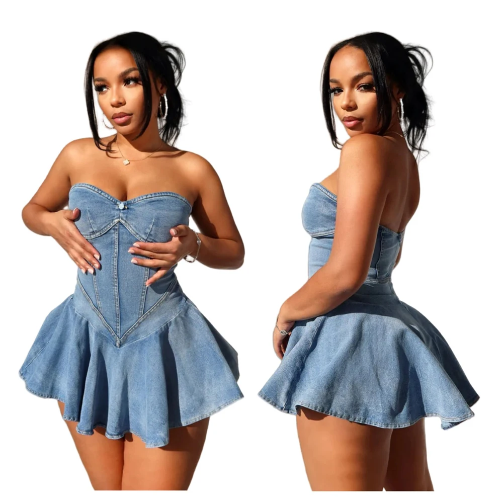 2024 Fashion Women Summer Denim Dresses Sleeveless Sexy Strapless Off Shoulder Bustier Tube Top Stretch Pleated Mini Jean Dress