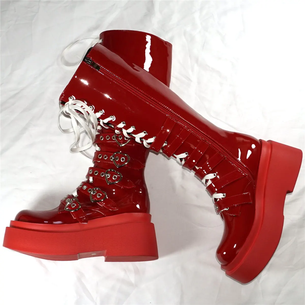 Fashion Sneakers Women Lace Up Patent Leather Super High Heels Thigh High Boots Female Round Toe Platform Pumps Casual Shoes