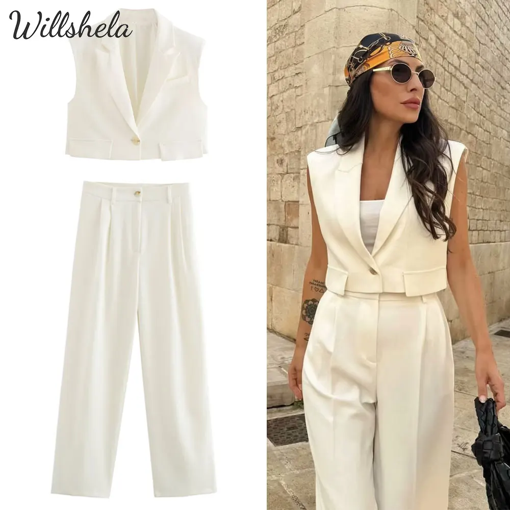 

Willshela женские комплекты из 2 предметов бежевый укороченный жилет и брюки женский шикарный женский повседневный жилет и брюки для координации