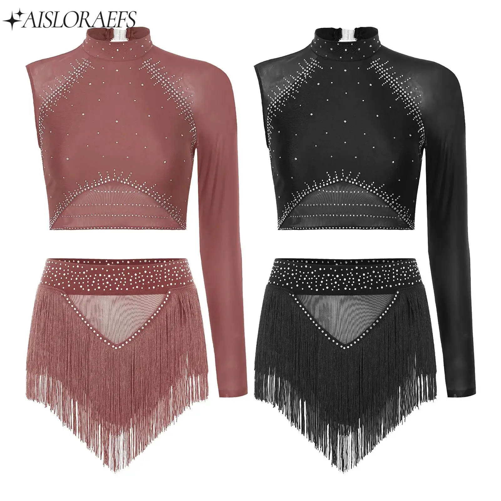 

Women Figure Skating Latin Dance Outfit Jazz Cha-cha Samba Dance Set Backless Crop Top+Shorts 2-piece Suit for Performance Party