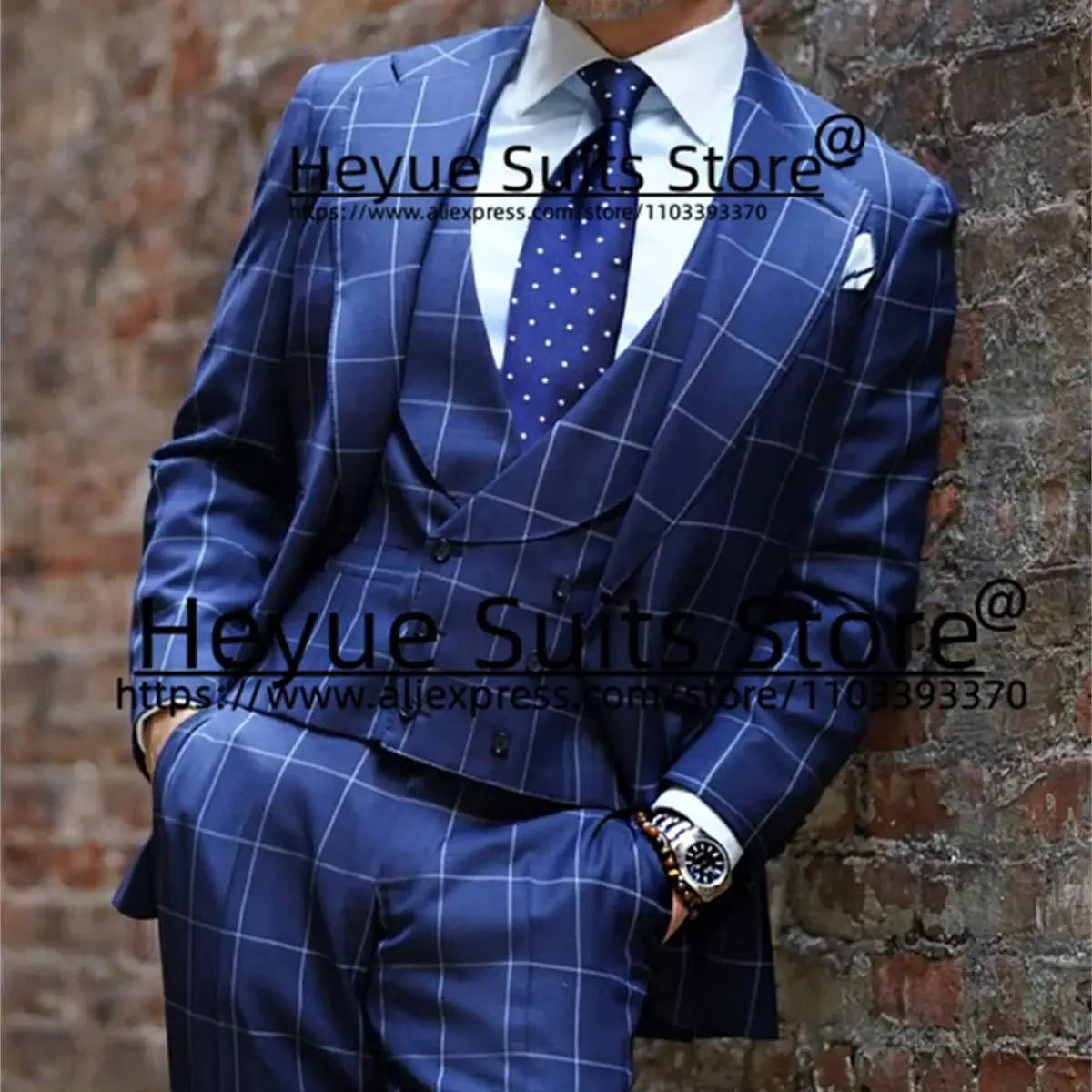 Traje a cuadros de estilo británico para Hombre, esmoquin ajustado con solapa y muescas, conjunto de 3 piezas, Blazer de negocios, Color Azul Marino