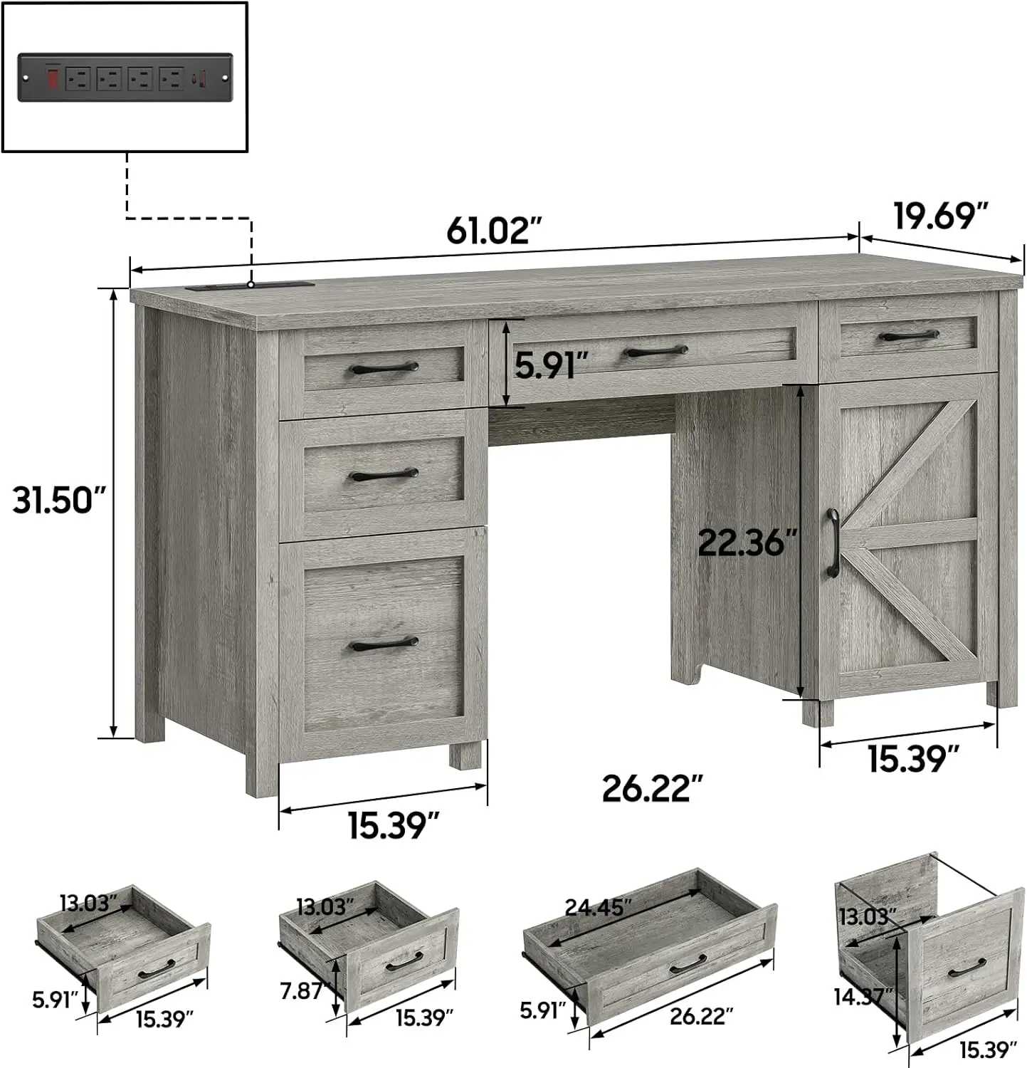 Farmhouse 61'' Executive Desk With 5 Drawers, Rustic Office Desk Computer Desk With Charging Station, File Drawers And Storage