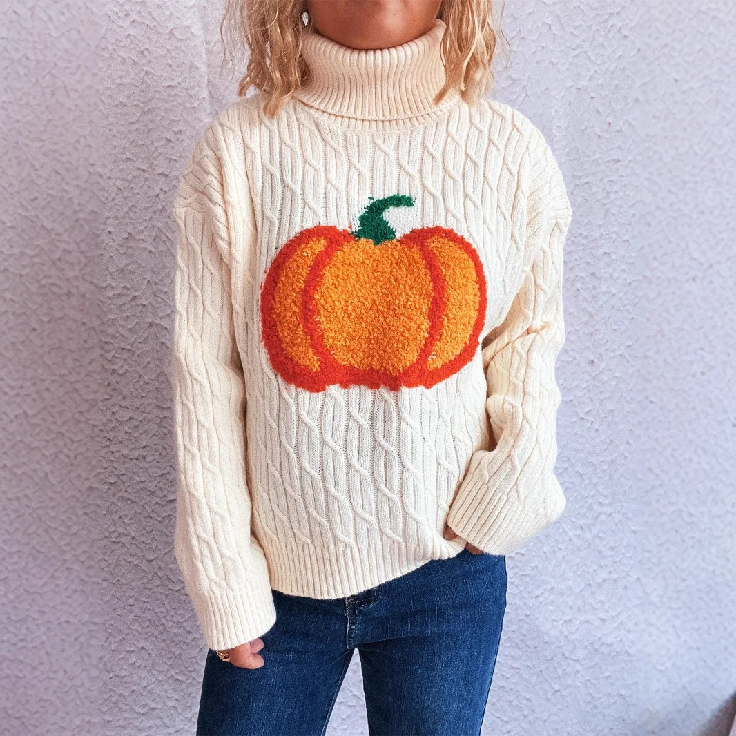

2025 Autumn/Winter New High Collar Pumpkin Knitted Top Casual Fashion Commuter Warm Women's Sweater