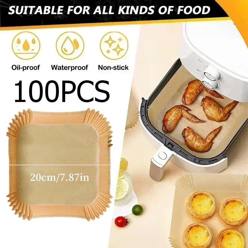 100pcs Air Fryer Liner Disposable Paper Tray Non-Stick Parchment Mat Oil-proof Liner Non-Stick Mat for Kitchen Oven Baking Paper