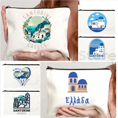 Atenas Grecia Santorini Oia isla amor corazón paisaje viaje arte lindo regalo lona cosmética maquillaje bolsa de aseo estuche para lápices bolsa