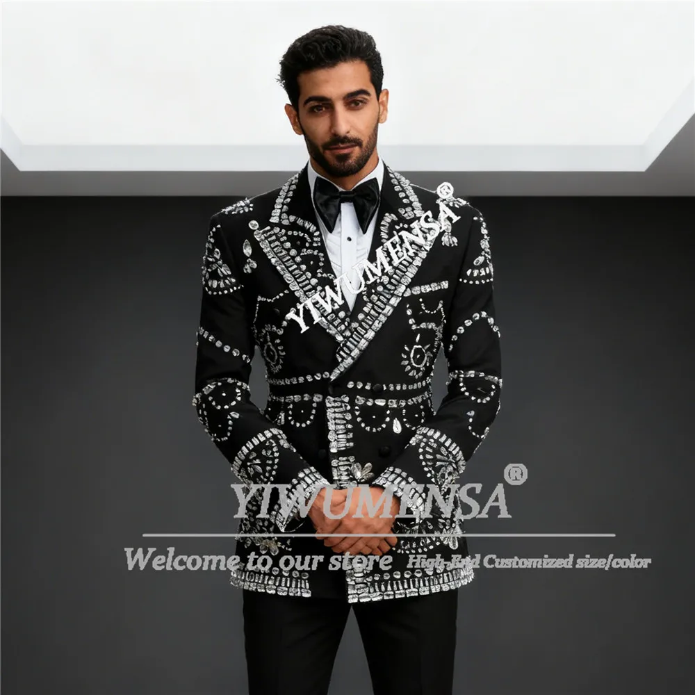 

Роскошный мужской костюм с бриллиантами и бисером на свадьбу, двубортный пиджак, брюки, комплекты из 2 предметов, индивидуальные смокинги для жениха, выпускного вечера, Ropa Hombre