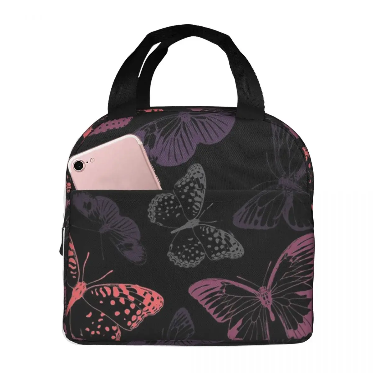 Lunch Bags for Women Kids Seamless Butterflies Insulated Cooler Portable School Animal Canvas Lunch Box Bento Pouch