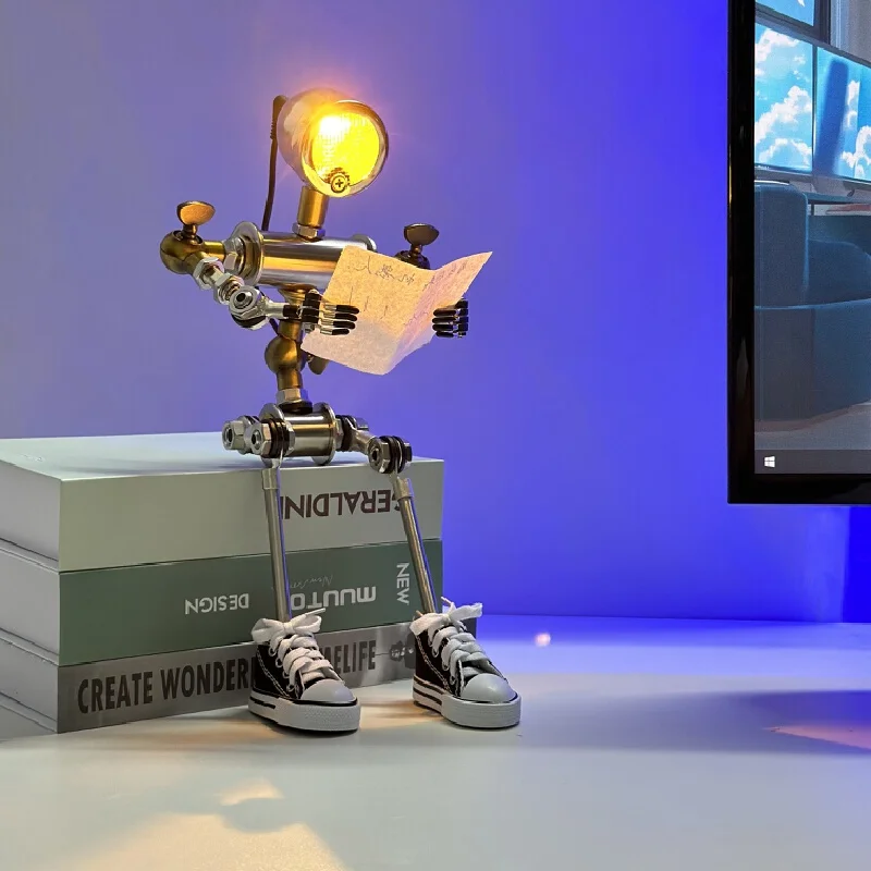 Vintage Punk Robot Table Lamp Steampunk Metal Desktop Ornament Warm Light Home Decor Gift For Men Boyfriend Valentine Birthday
