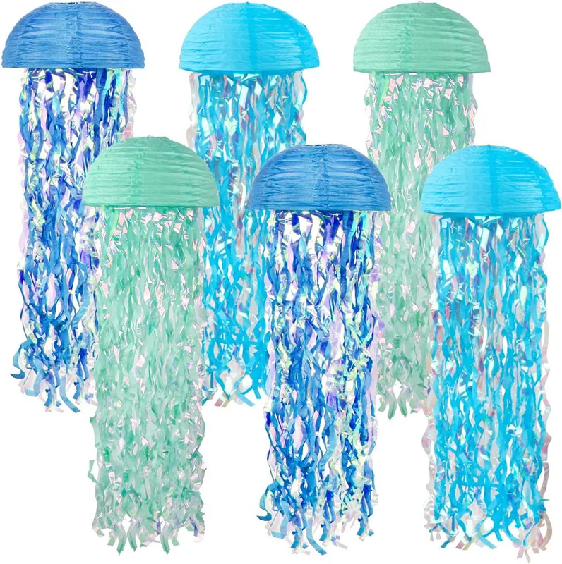 6ps Jellyfish Half circle Paper Lantern Set Gradient Colorful Lantern Mermaid themed underwater ocean birthday decoration view 2