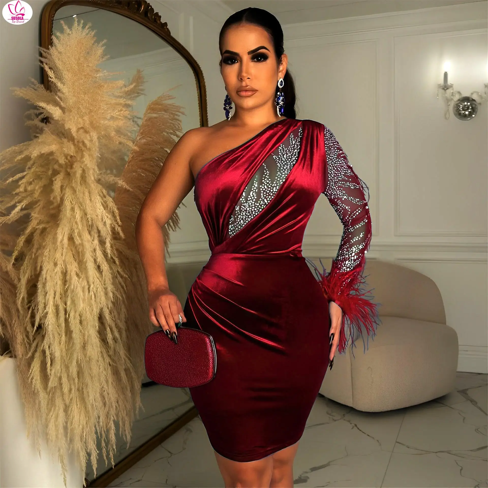 

Sexy Feather Hot Rhinestone One Shoulder Party Club Mini Dress Women Velvet Long Sleeve Backless Elegant Outfit Evening Dresses