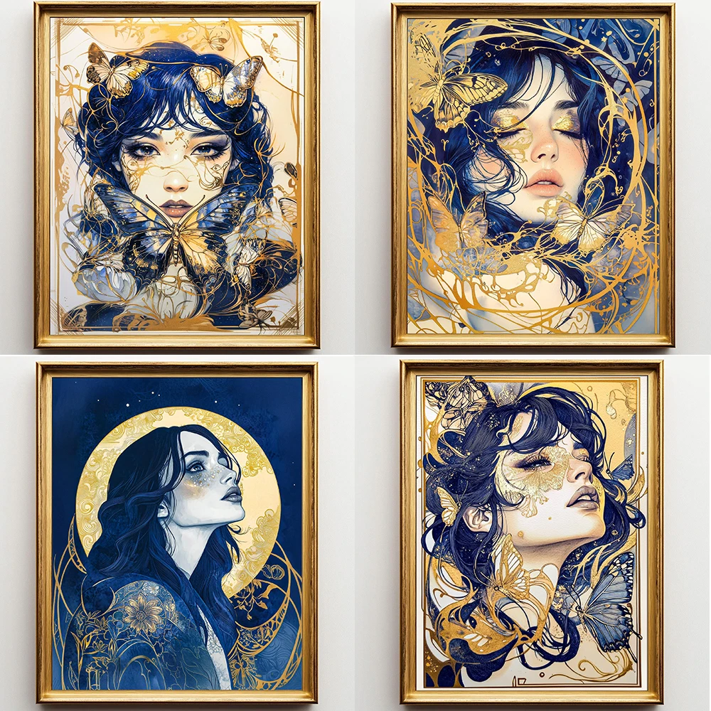 Butterfly Goddess Modern Art Nouveau Prints Woman Portrait Blue Gold Ethereal Feminine Wings Boho Filigree Azure Print Poster
