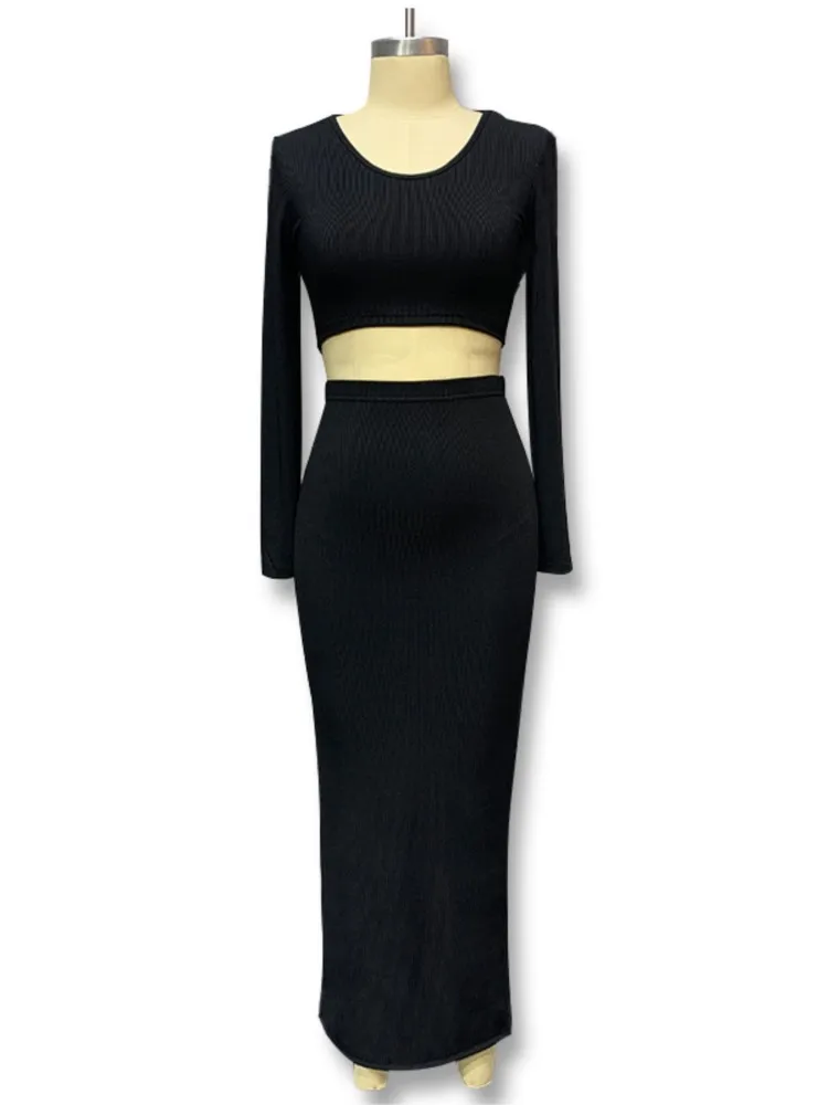Sexy Half Length Skirt Two-piece Set Autumn Winter Women's Fashion O-neck Long Sleeves Top Stretch Hip-hugging Skir Knitted Suit