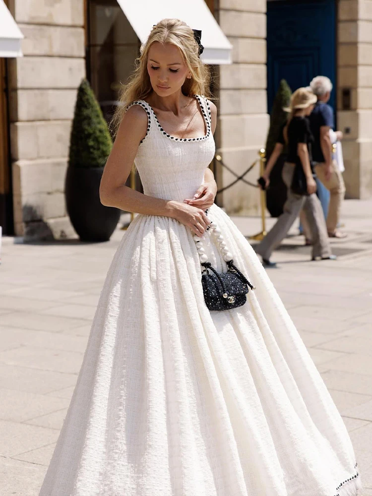 Women Luxury White Square-Neck Sleeveless Ball Gown with Black Trim and Fringe Detailing - Ideal for Weddings & Formal Galas