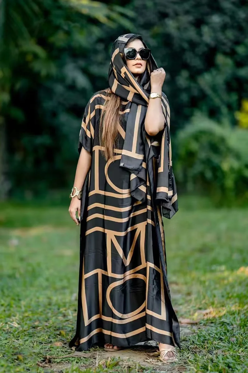 2024 New Rayon Fashion Oversize African Women Clothing Dubai Dashiki Abaya Free Size Print Design With Scarf Loose Long Dress