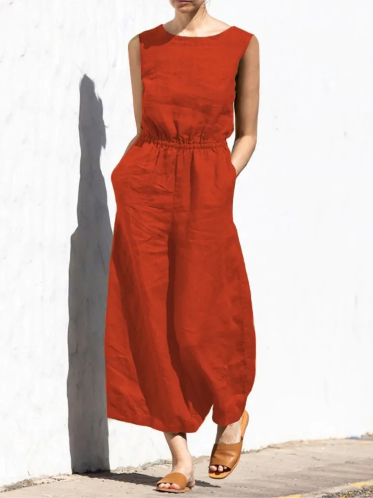 Fashion Buttoned Women Wide Leg Pant Jumpsuit Summer Solid Round Neck Sleeveless Pocket Playsuit Ladies Loose One-Piece Pants