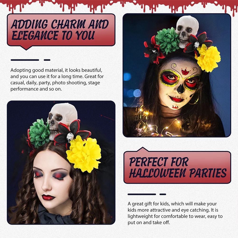 

2pcs Skull Rose Headb Plastic Silk Halloween Cosplay Mexican Flower Adult Hair Accessories Lightweight Durable Unique of The